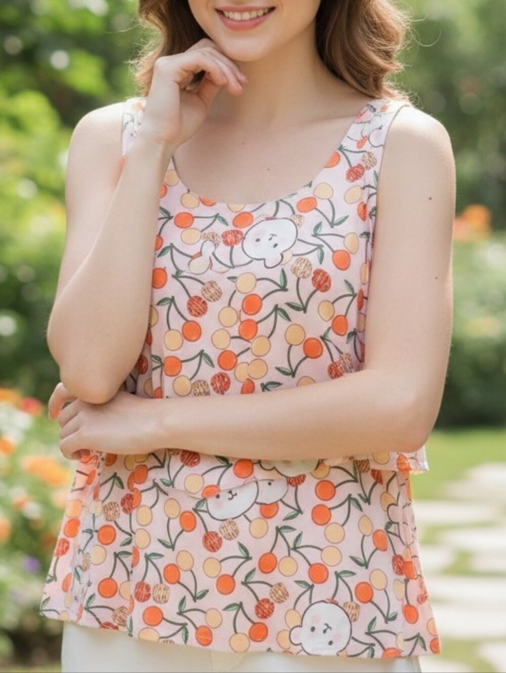 NWT TD Fashion Peach Bunny Print Sleeveless Ruffle Top Womens L Yellow Cute